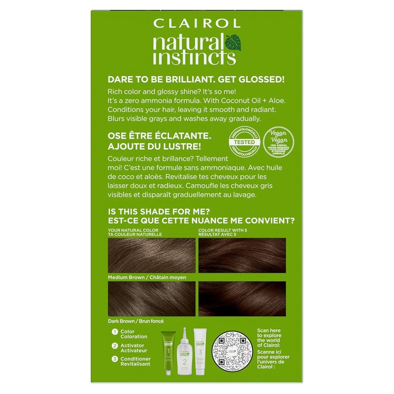 Clairol Natural Instincts Demi-Permanent Hair Dye - Ammonia-Free Vegan Color with Coconut Oil & Aloe Vera | 5 Medium Brown