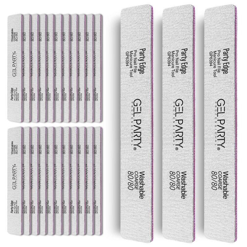 GELPARTY Professional Nail Files 80/80 Grit Square - 25 Pack Bulk Washable Emery Boards - Extra Coarse Grit for Removing Acrylics & Hard Gel Extensions (Salon Value Set)