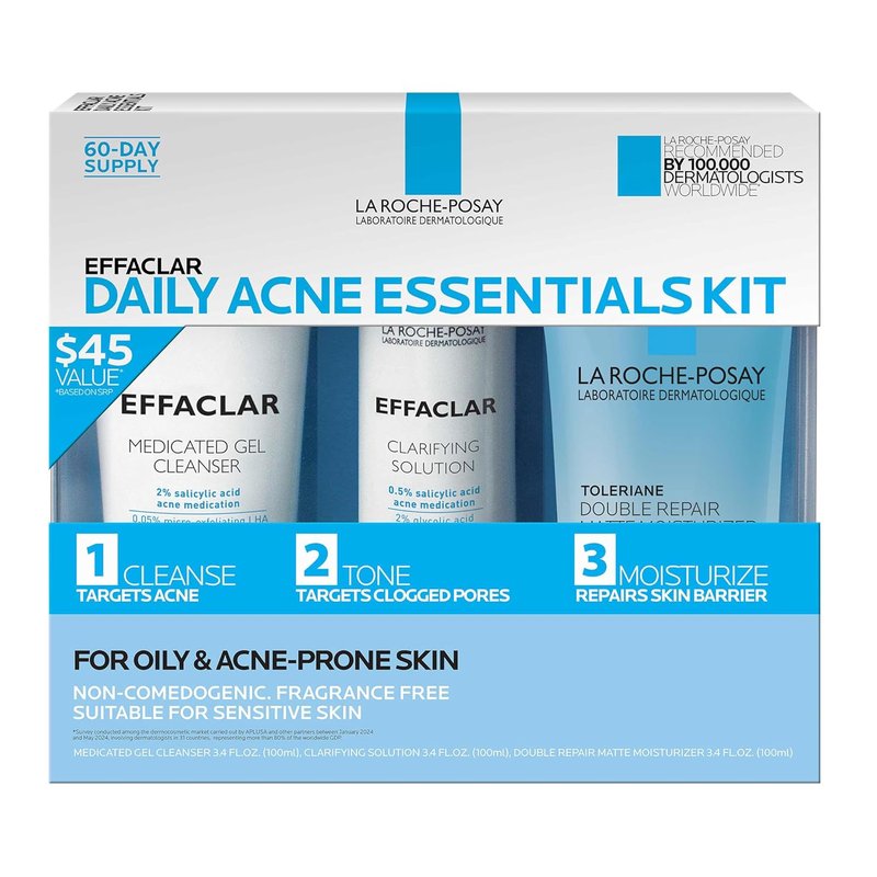 Effaclar Daily Acne Treatment Kit - Salicylic Acid Cleanser, Pore Refining Toner & Oil-Free Moisturizer | 2-Month Supply for Oily & Combination Skin