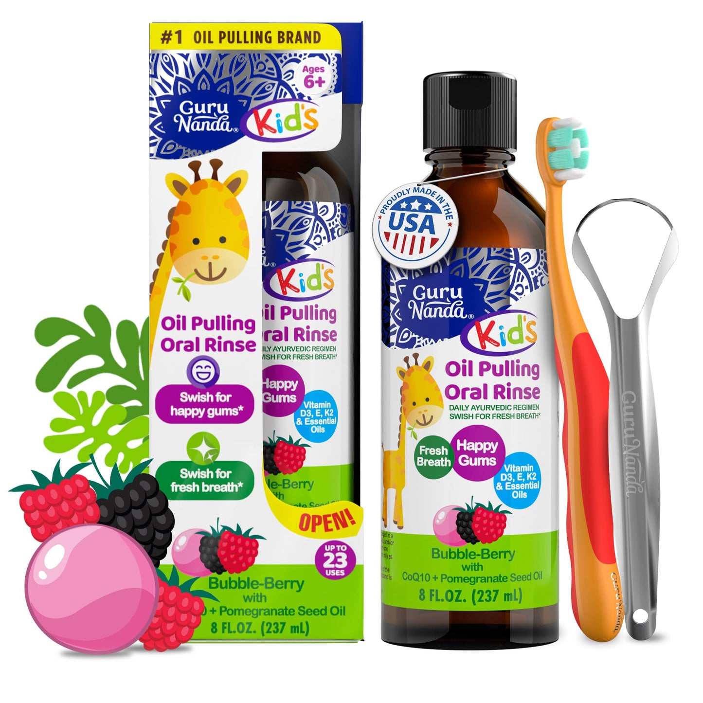 GuruNanda Kids Oil Pulling, Alcohol-Free Mouthwash, Essential Oils & Vitamins for Fresh Breath & Happy Gums for Ages 6 & up, Natural Bubble Berry, 8 Oz