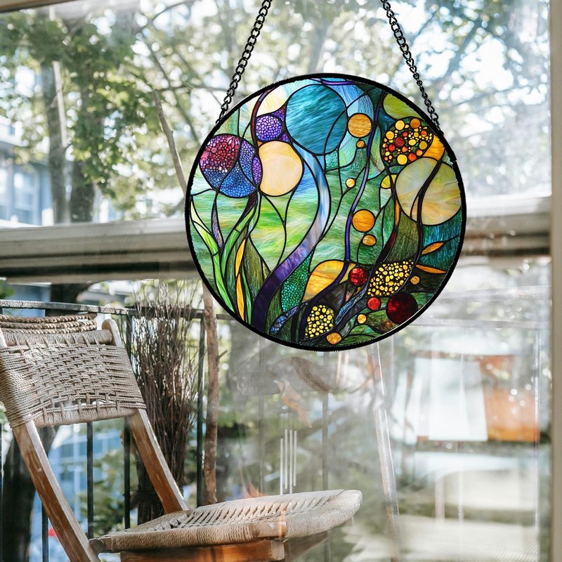 QZQCBLC Stained Glass Window Hanging Blue Ocean Water Plants Flower 7.8" - Suncatcher Door Garden Sun Catcher Home Decor Birthday Christmas for Mom Men Woman Nana Friend