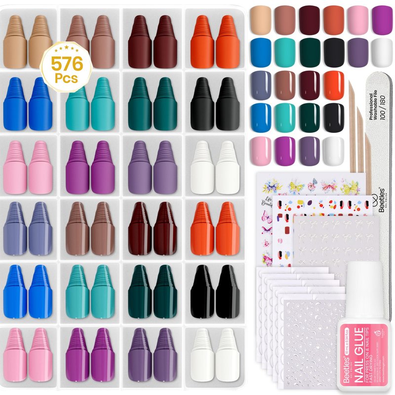 Beetles Press on Nails Kit 576Pcs 24 Colors, Short Square Press on Nails Glossy Matte With Nail Glue & Nail Tabs Stickers, Natural Fit Lightweight Fake Nails Kit Art For Women