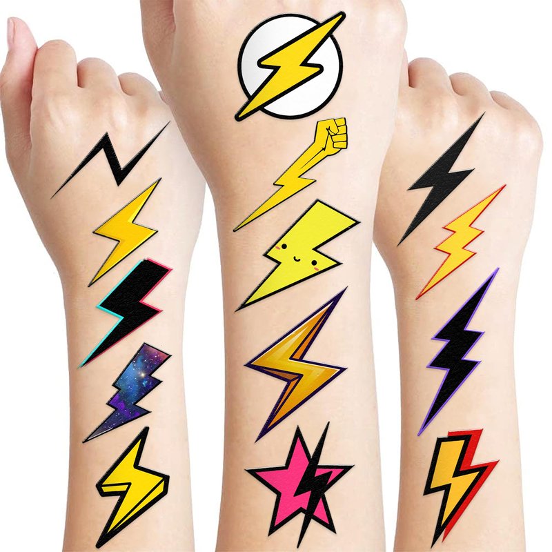 96PCS Lightning Bolt Temporary Tattoos for Kids, Pre-Cut Funny Weather Tattoo Stickers, Tornado Storm Theme Birthday Party Favors, Goodie Bag Stuffers, Cute Waterproof Body Art for Boys Girls