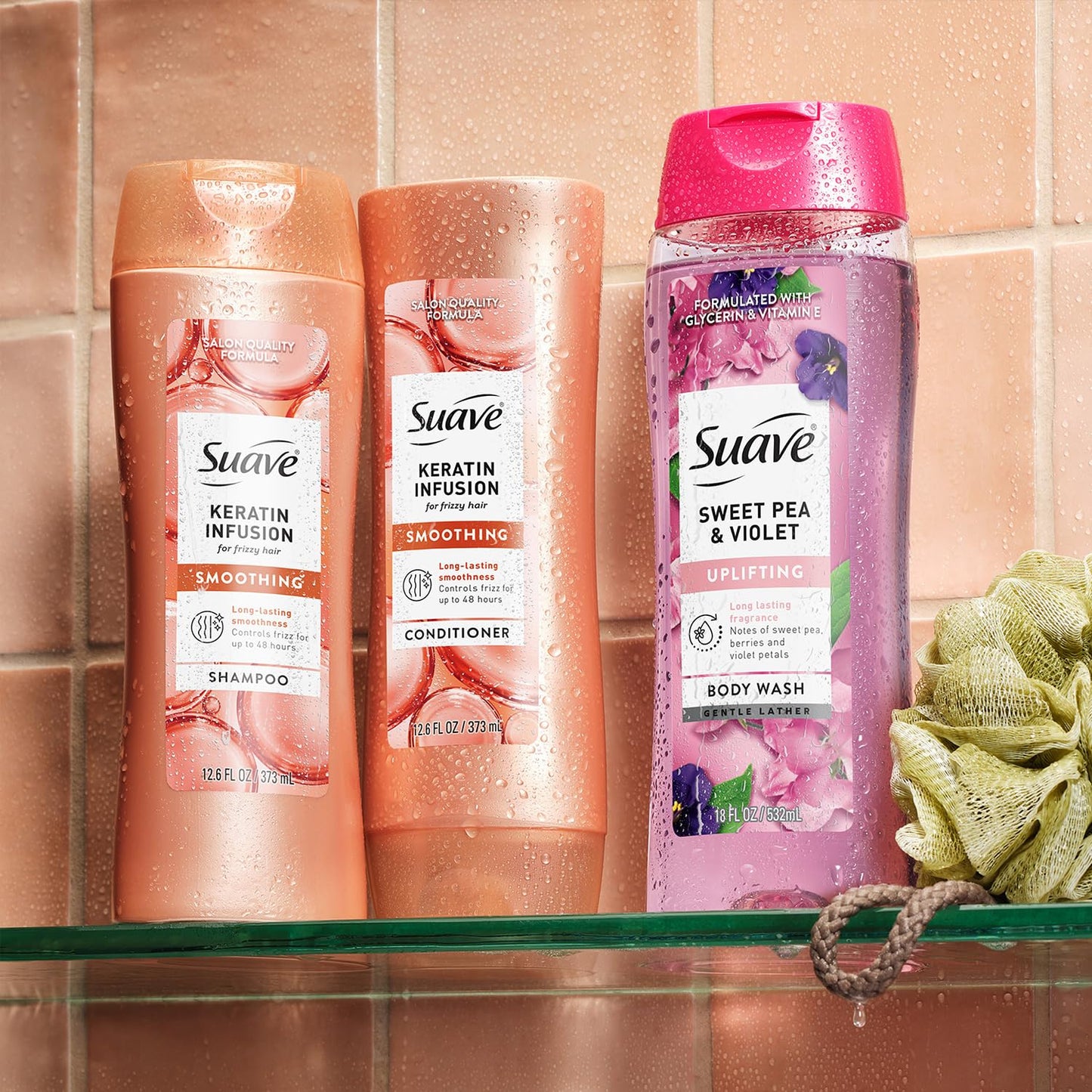 Suave Keratin Infusion Smoothing Shampoo 2-Size Bundle, Gentle Everyday Cleanser for Smooth, Manageable Hair, 48H Frizz Control