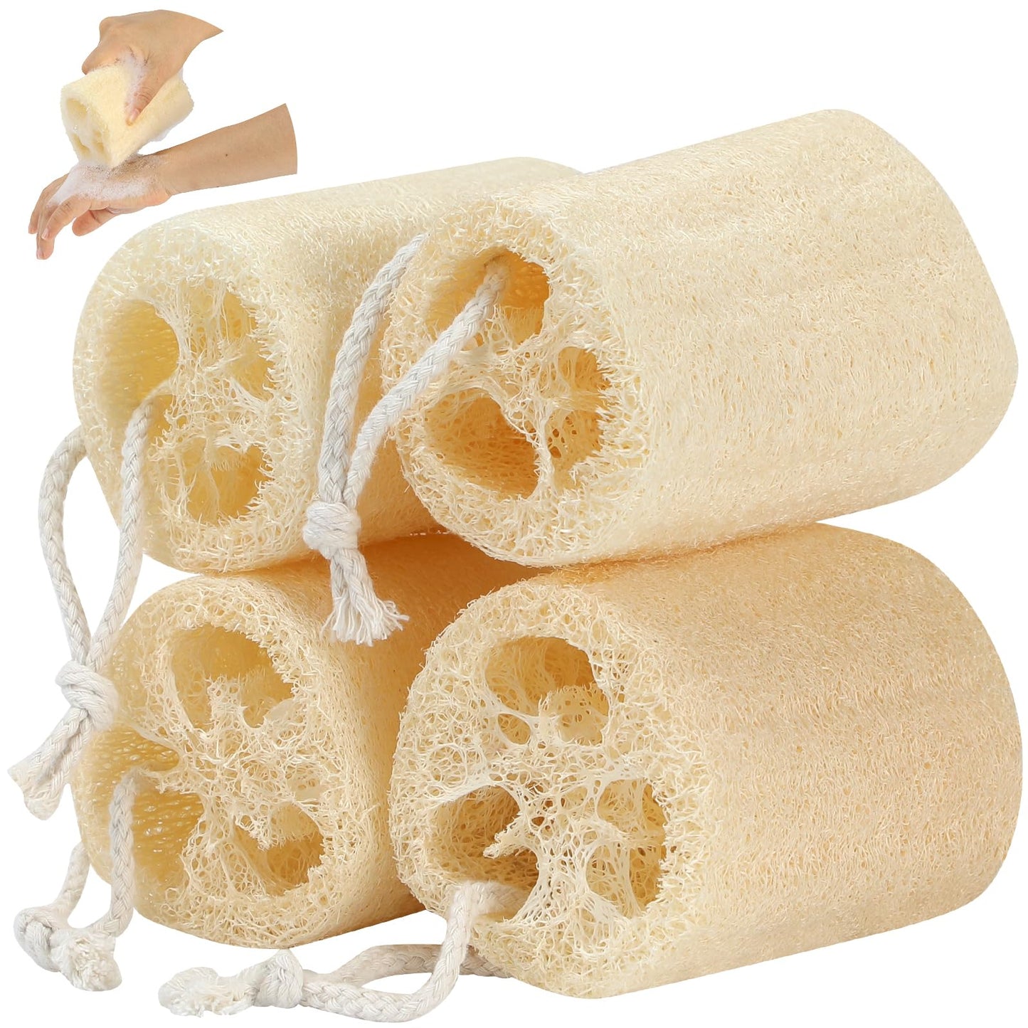 4-Pack Natural Loofah Sponges for Exfoliating Body Scrub, Plant-Based Bath Sponges for Men & Women, Eco-Friendly Back & Face Scrubber, Reusable Shower Loofah