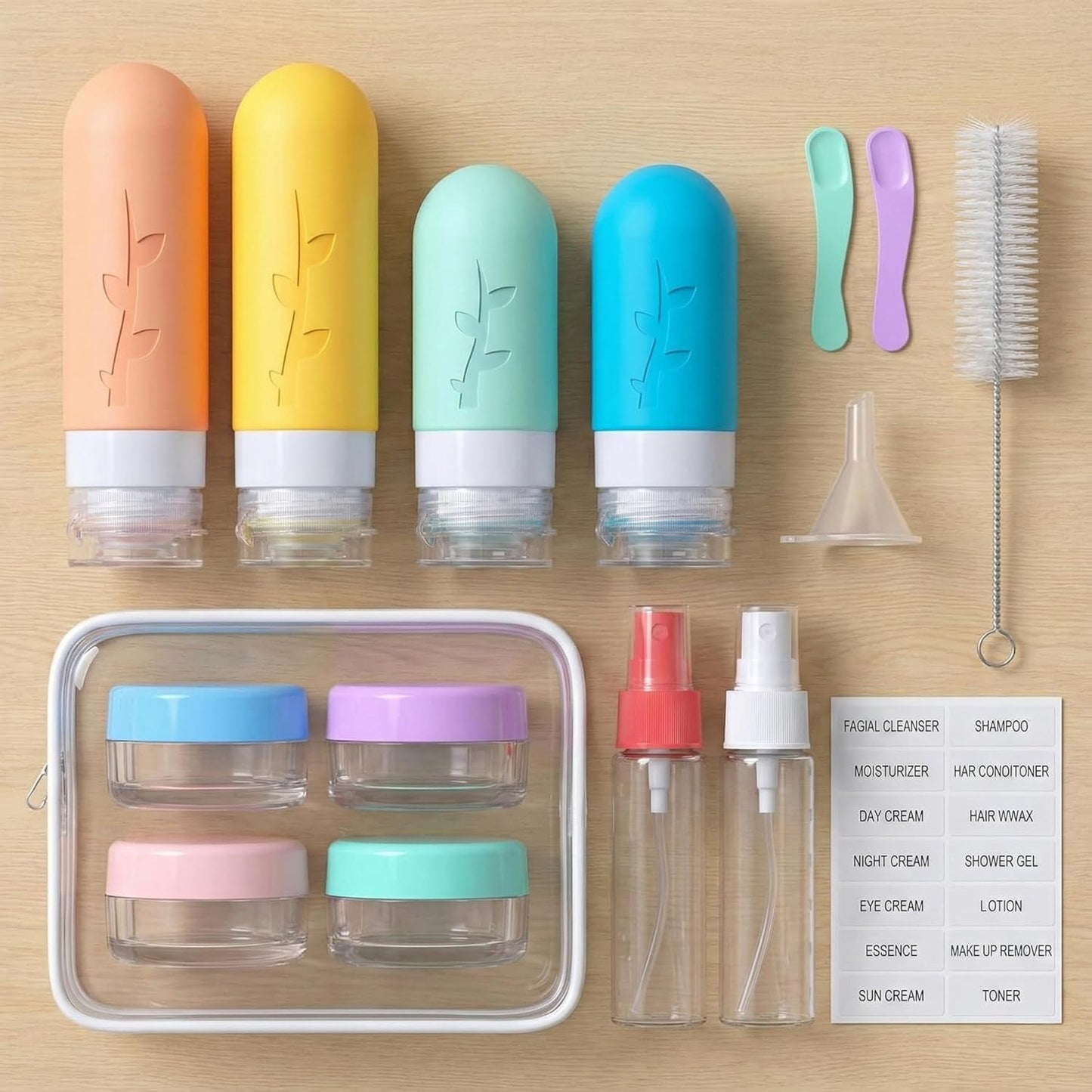 Travel Bottles Kit - TSA Approved Leak Proof Silicone Containers | 16 Pack with Jars, Sprayers & Bag (White)
