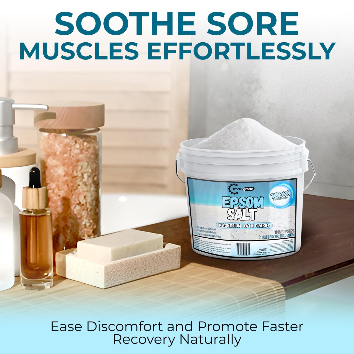 TradeGrade Epsom Salt Bath Soak 1 Gallon Bucket – Unscented, Pure Epsom Salt Bulk Crystals, Magnesium Sulfate for Full Body or Foot Soaks, Resealable Container for Home Bath Use