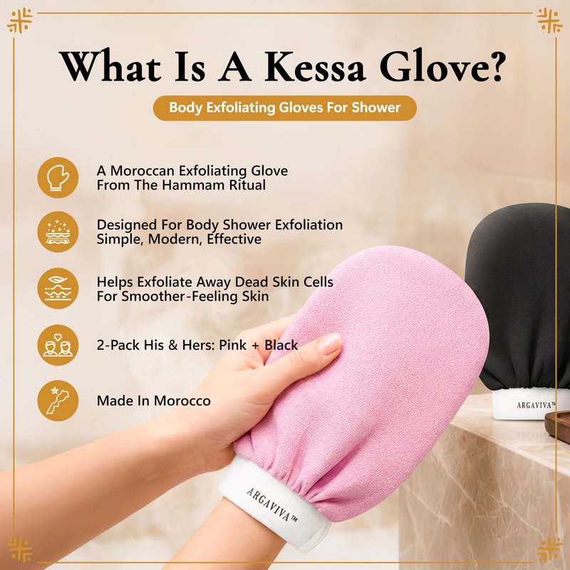 Argaviva Moroccan Exfoliating Glove for Shower - Kessa Hammam Body Scrub Gloves, Exfoliating Mitt, Bath Mitt - Couple's Spa Set, 2 Pack His and Hers, Pink and Black