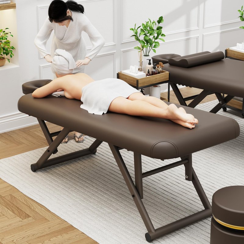 pouseayar Adjustable Massage Table with Face Pillow & Headrest, Sturdy and Solid, Silent and Easy to Adjust for Treatment Table Physical Therapy Table Spa Facial Bed - Fixed Backrest, Brown