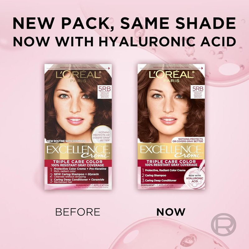L'Oreal Paris Excellence Crème Permanent Hair Dye, Triple Care Hair Color with Hyaluronic Acid for 100% Gray Coverage, 5RB Medium Reddish Brown, 1 Kit (Packaging May Vary)
