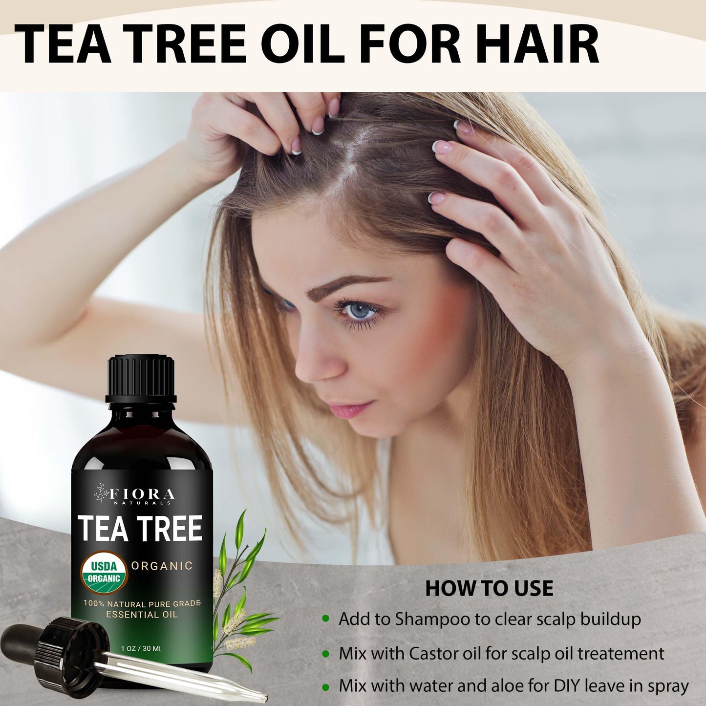 Tea Tree Oil – 100% Pure Organic Tea Tree Essential Oil for Skin, Face, Hair, Scalp, Nails, and Toenail – Therapeutic Grade Tree Tea Oil for Acne & Hair Growth – 1 fl oz - By Fiora Naturals