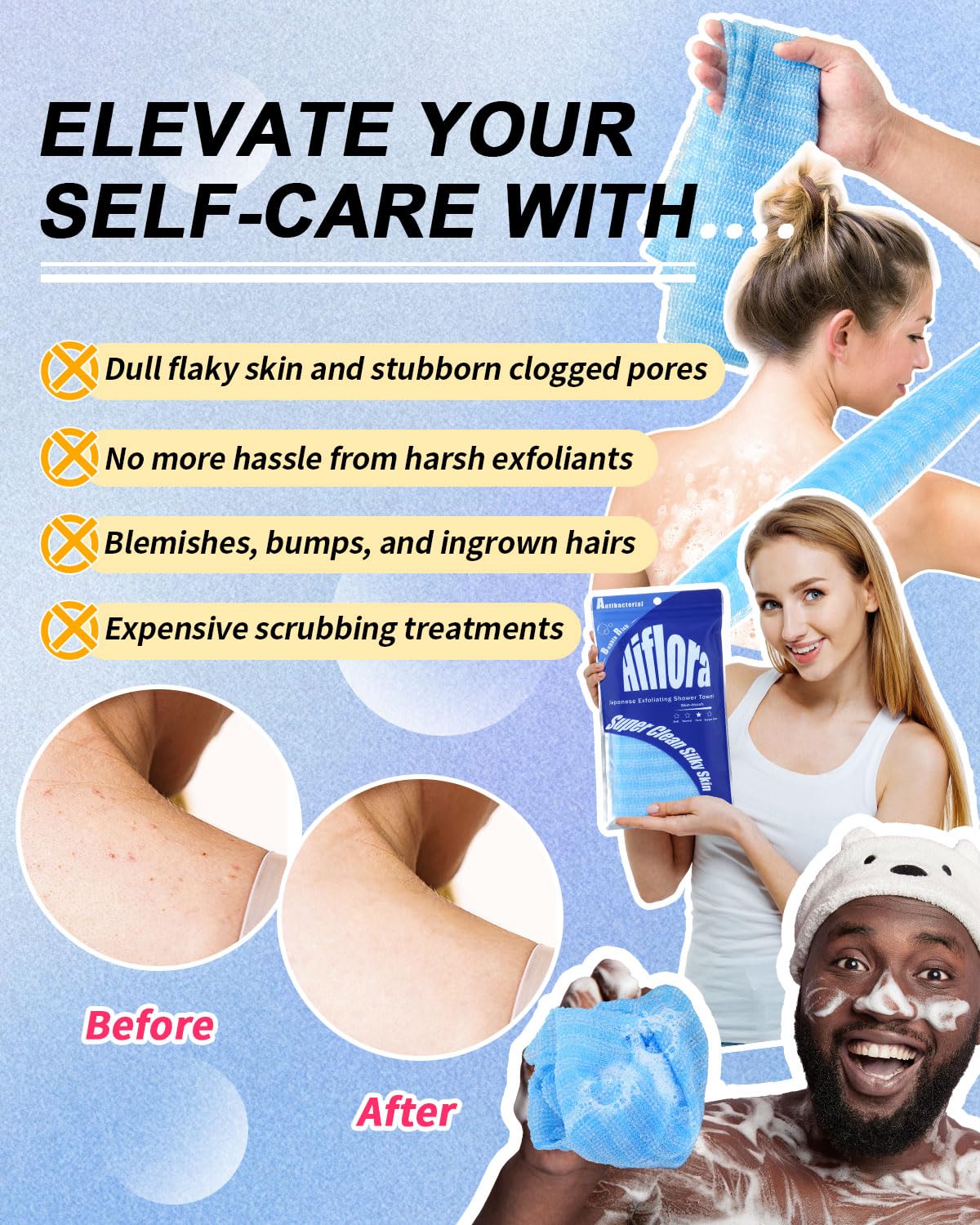 3 Pack Back Exfoliator for Shower and Dead Skin Removal, Exfoliating Body Scrubber for Smooth Skin Japan Washcloth for Shower & Bath, Versatile Body Scrub Towel