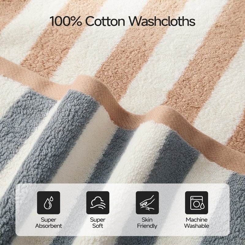 REDKISS 6 Pack Striped Wash Cloths - 13 x 13 Inch 100% Cotton Washcloths Set, Super Soft and Highly Absorbent Face Towels for Bathroom, Showering, Kitchen, Gym, Spa, Gray