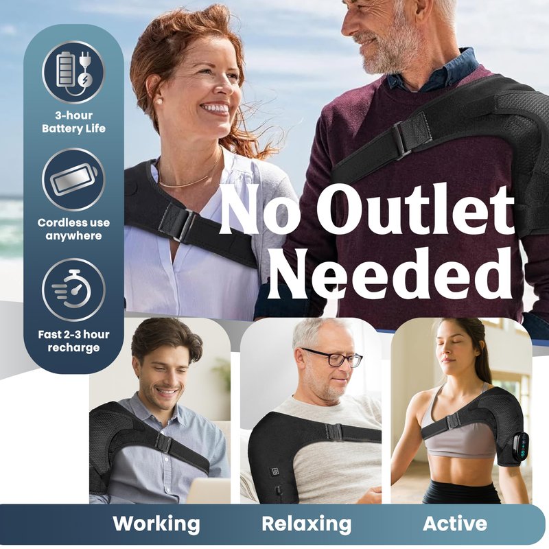 ShoulderRestore Shoulder Heating Pad with Massager - Cordless Heated Compression Support Brace with Vibration Massage - Rechargeable Electric Massaging Heat Wrap - Adjustable Fit for Men and Women