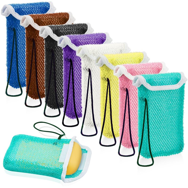 8 Pcs Soap Saver Pouch Body Scrubber Exfoliator and Holder Loofah Savers for Bar Wash Soap Bag with Rope Exfoliating Sponge for Bath Shower Travel Face Hand Women, 8 Colors