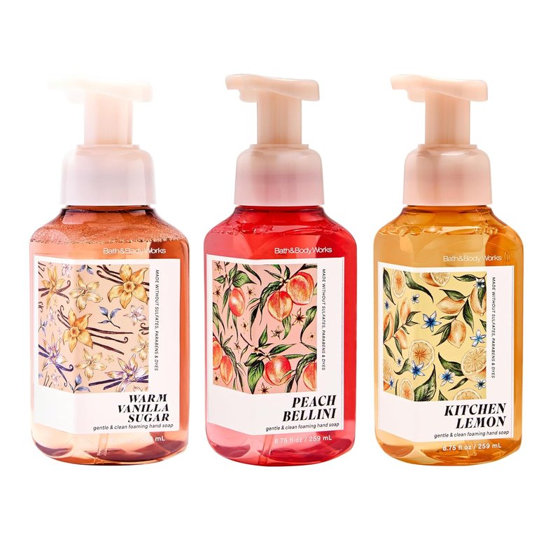 Bath & Body Works Foaming Hand Soap Bundle - Warm Vanilla Sugar, Peach Bellini & Kitchen Lemon - Gentle Cleansing Formula & Thoughtful Gift