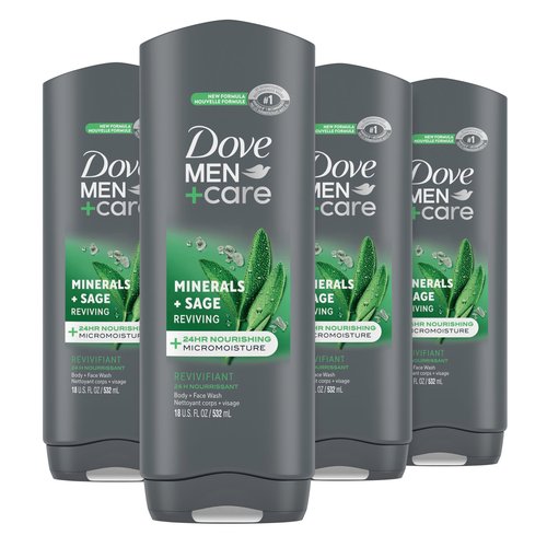 Dove Men+Care Body Wash Mineral + Sage 4 Count for Men's Skin Care Effectively Washes Away Bacteria While Nourishing Your Skin 18 oz