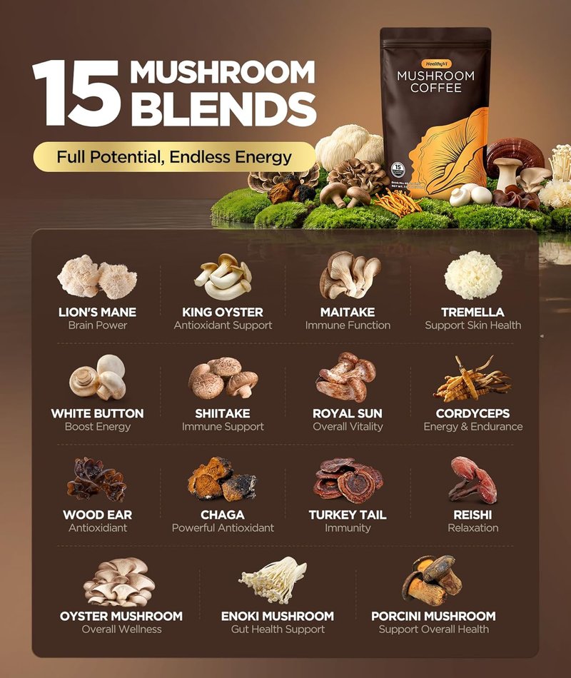 Mushroom Coffee - 15 Natural Mushrooms for Focus & Energy | Medium Roast, Vegan, 40 Servings