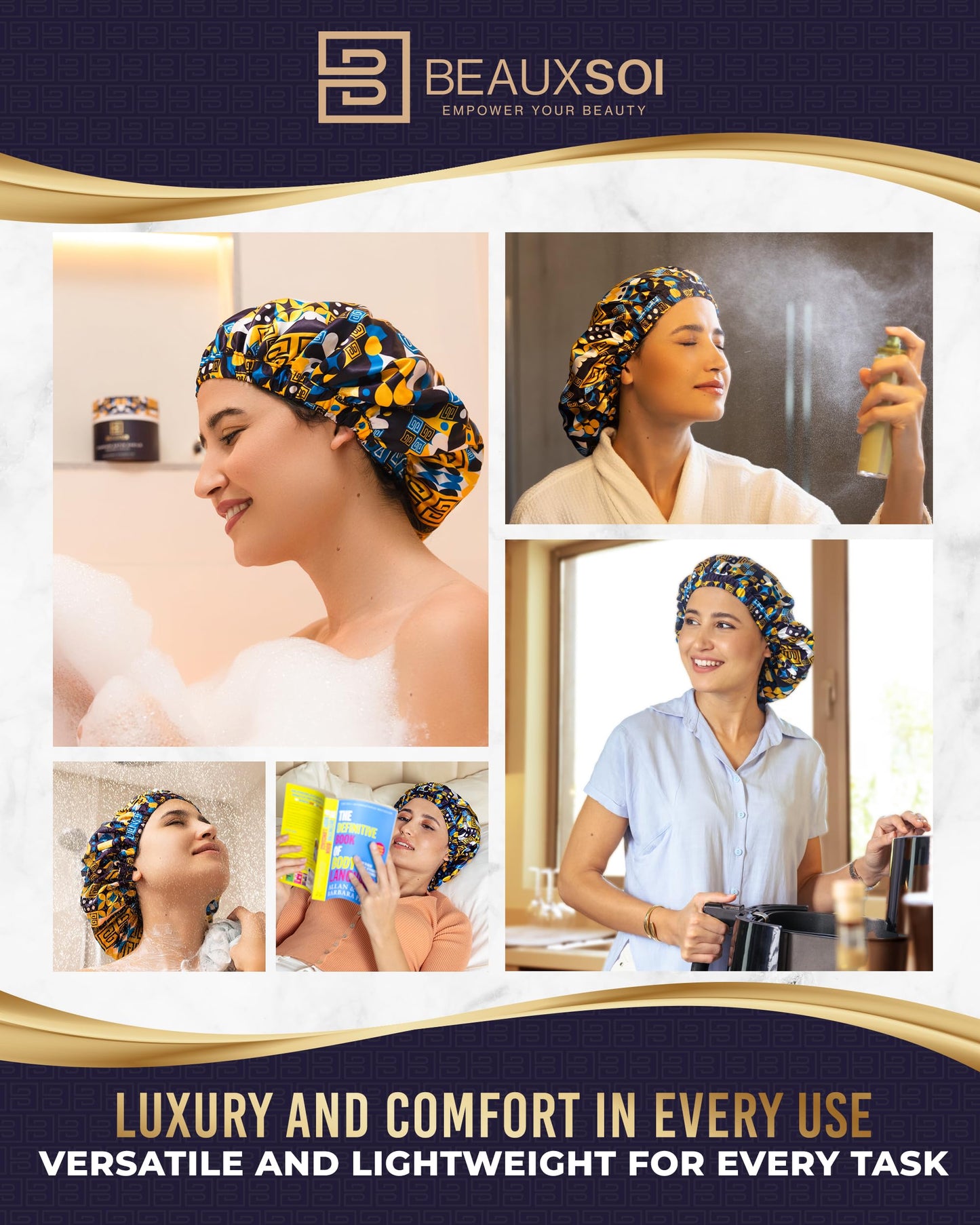 Luxury Reusable Waterproof Shower Cap for Women - Satin Lined, Adjustable - Keeps Hair Dry, Durable Hair Bonnet by BEAUXSOI (African Majesty)