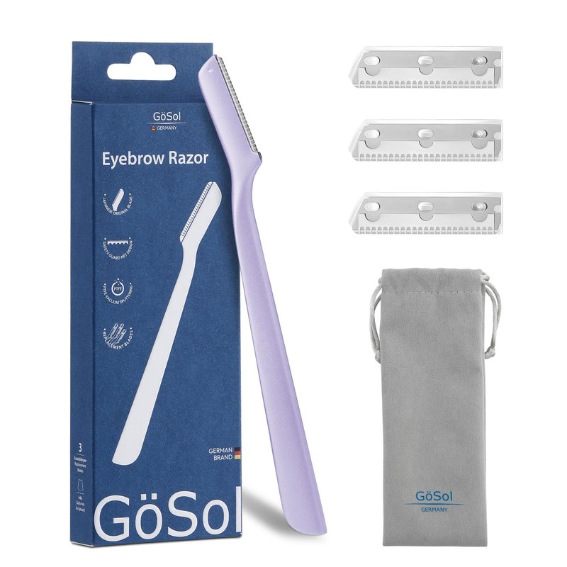 GöSol Professional Metal Dermaplaning Razor for Women, Reusable Face & Eyebrow Shaper for Peach Fuzz, At-Home Dead Skin Removal, Japanese Stainless Steel Blades W/Extra 3 Refills - Purple