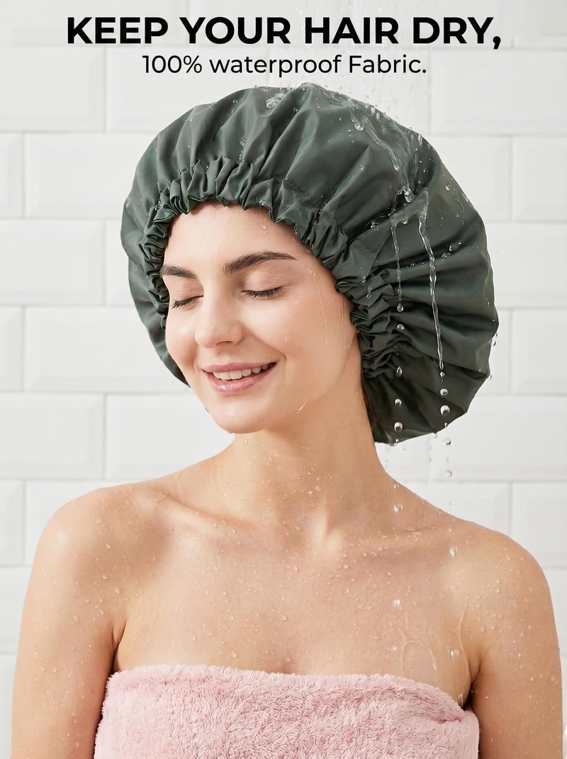 Aquior Shower Cap for Women, Extra Adjustable Shower Caps for Women Double-Layer Waterproof Reusable Hair Cap, Large Size Hair Cap for All Hair,for Girls Spa Bath,Soft and Comfortable (Green)