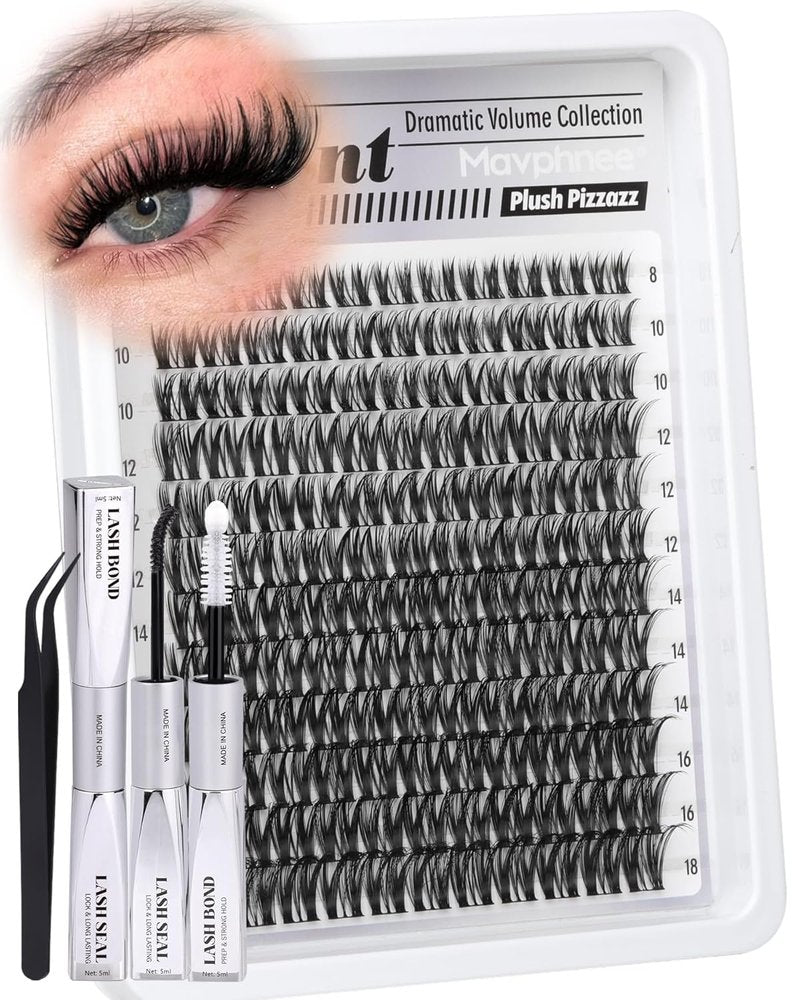 Flaunt Lash Clusters Kit - Wispy Individual Eyelash Extensions | 132 Pcs CD-Curly 8-18MM with Bond, Seal & Tweezers