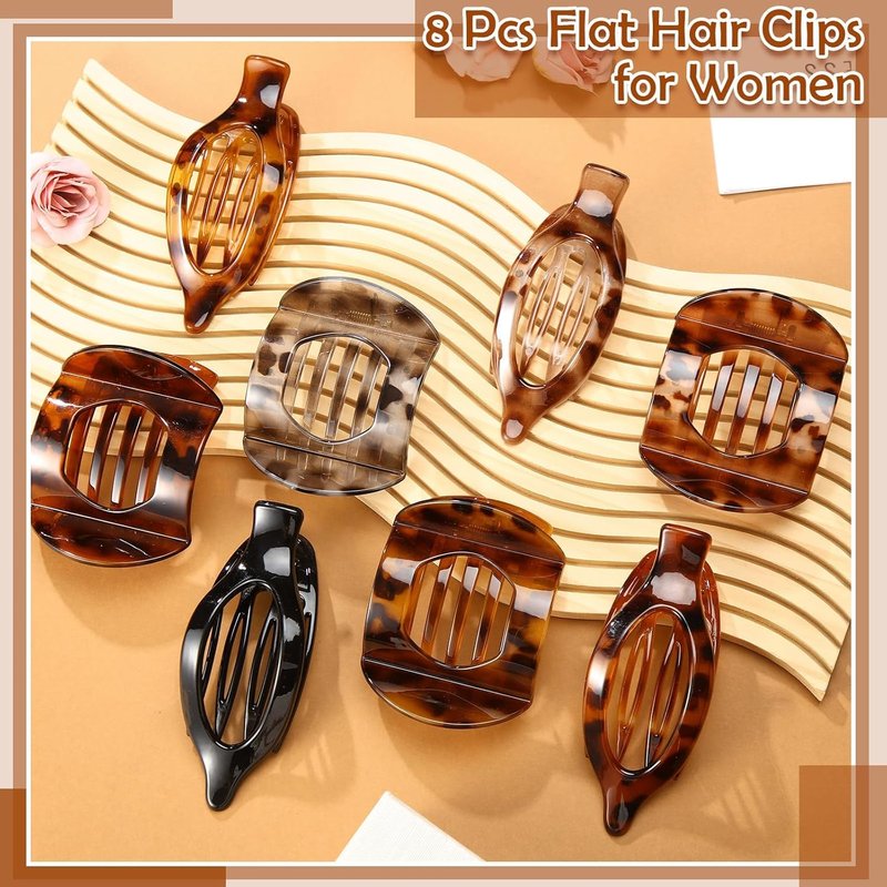 Flat Hair Clips for Women - 8 Pcs French Claw Clips | Strong Hold Tortoiseshell Design for Thick & Thin Hair
