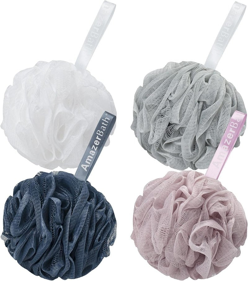 AmazerBath Exfoliating Loofah Sponge Set - 4 Bath Scrubbers in Grey, Blue, Pink & White - 60g Each