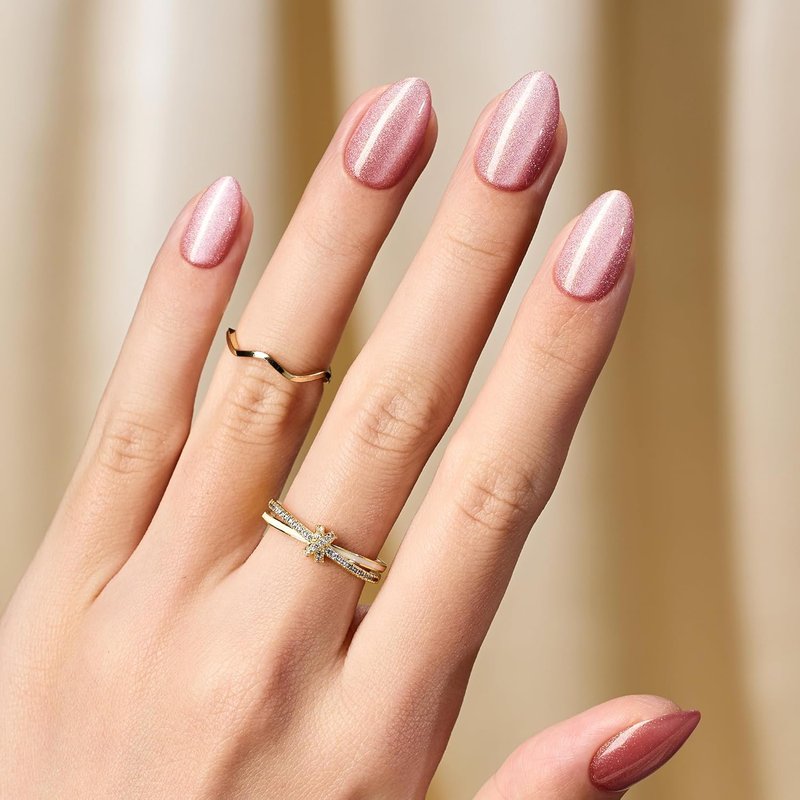 Cat Eye Press On Nails - Glossy Short Almond Nails with Fast-Dry Glue & 32pcs in 16 Sizes | Motion Glow Design