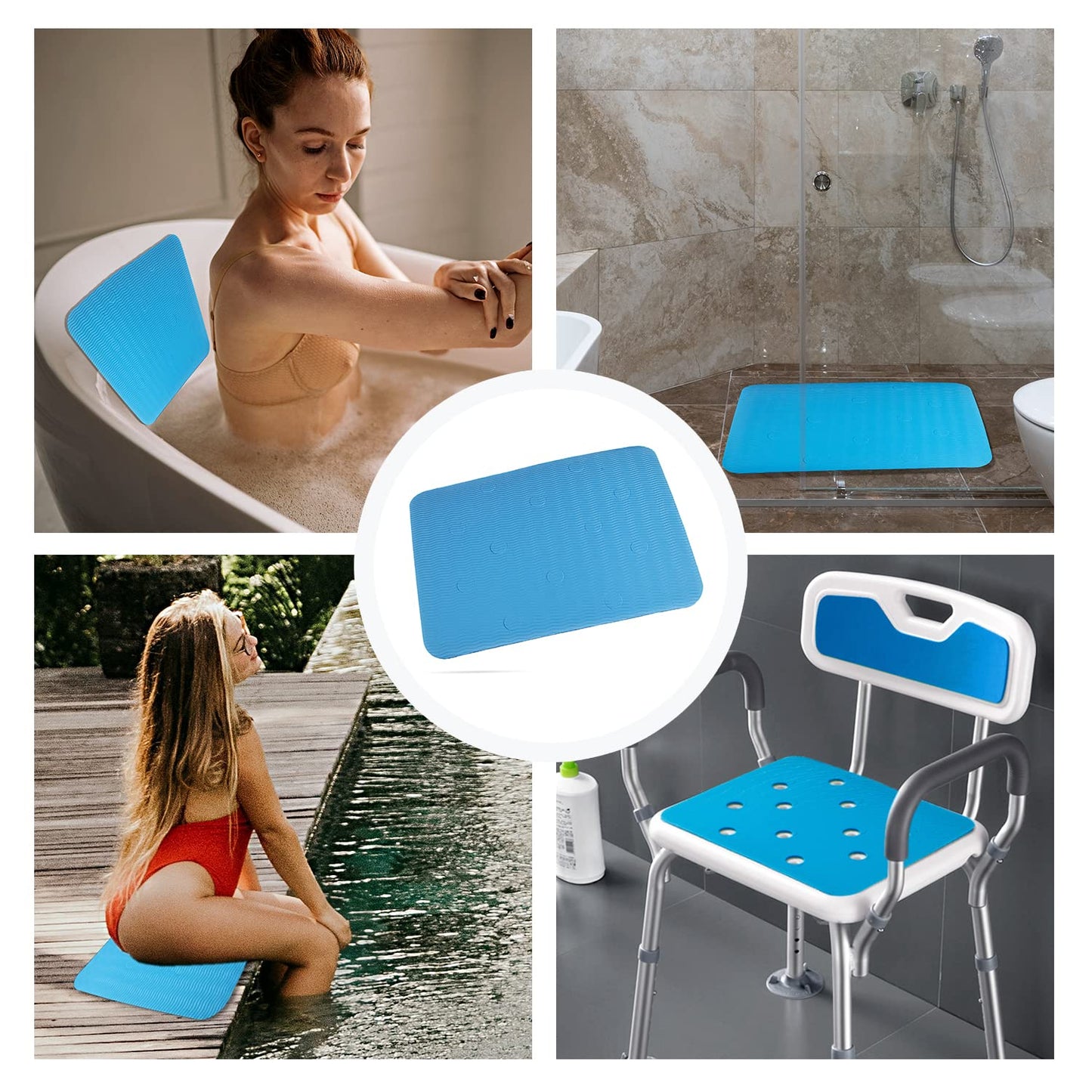 Waterproof Shower Chair Cushion Soft Foam Pad for Shower Seat Inside Bathroom, Non Slip Stripes Surface Bathtub Mat with Stickable Backing, Bath Rug Dry Quickly