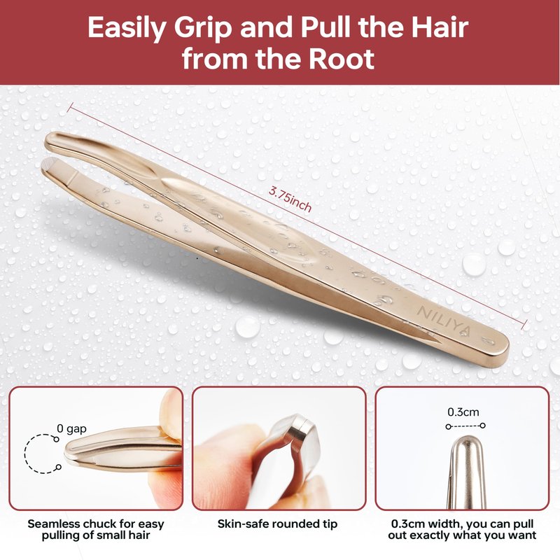 NILIYA Tweezers for Man, Professional Round Tips Plucker for Chin, with Leather Travel Case (Light Gold)