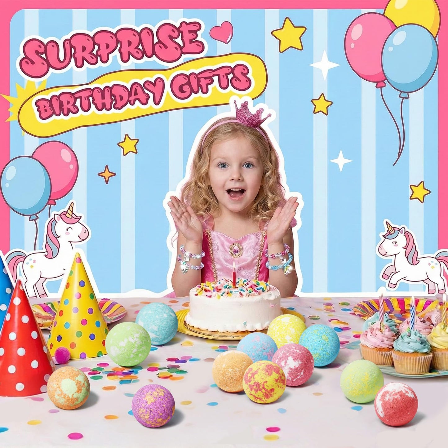 Unicorn Bath Bombs for Kids Girls with Bracelet Inside, 12pcs sanyi Easter Basket Stuffers Bubble Bath Toys Birthday Gifts for 4 5 6 7 8 Year Old Girl