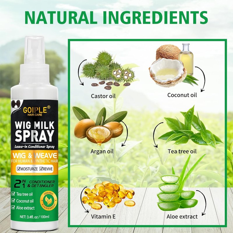Goiple Wig Milk Spray Wig Spray for Synthetic Hair, Leave-In Conditioner for Hair Wigs, Conditioner ＆ Detangler 2 in 1 Moisturizer, Hydrates & Replenishes Synthetic Wigs Easy Combing (3.4 fl oz)