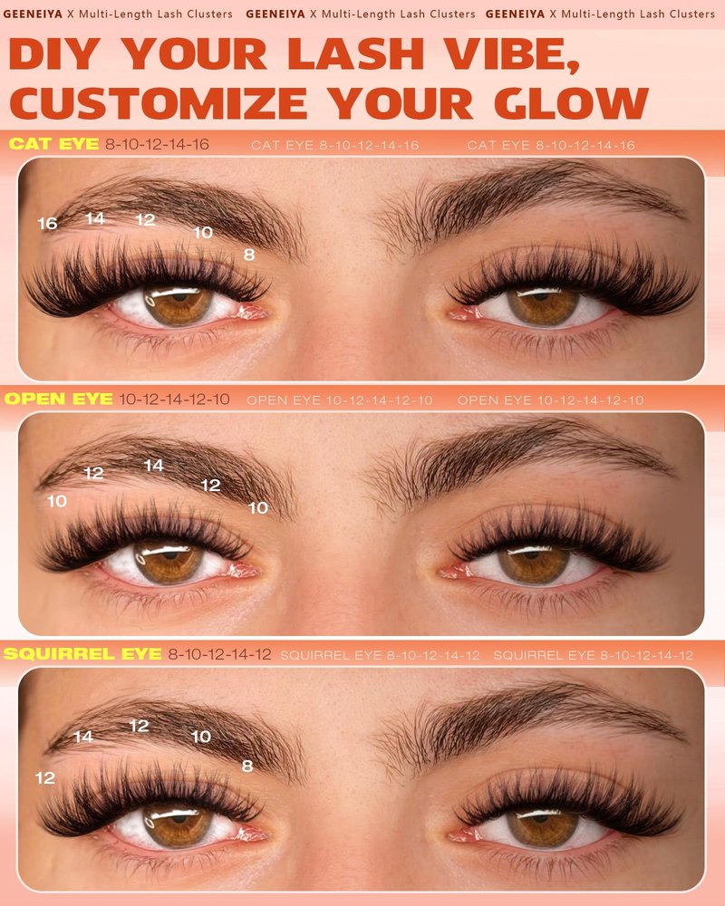 Geeneiya Fluffy Lash Clusters 8-16mm, Natural 3D Fluffy Effect Eyelash Clusters, C Curl DIY Cluster Eyelash Extensions for Salon-Like Lashes at Home