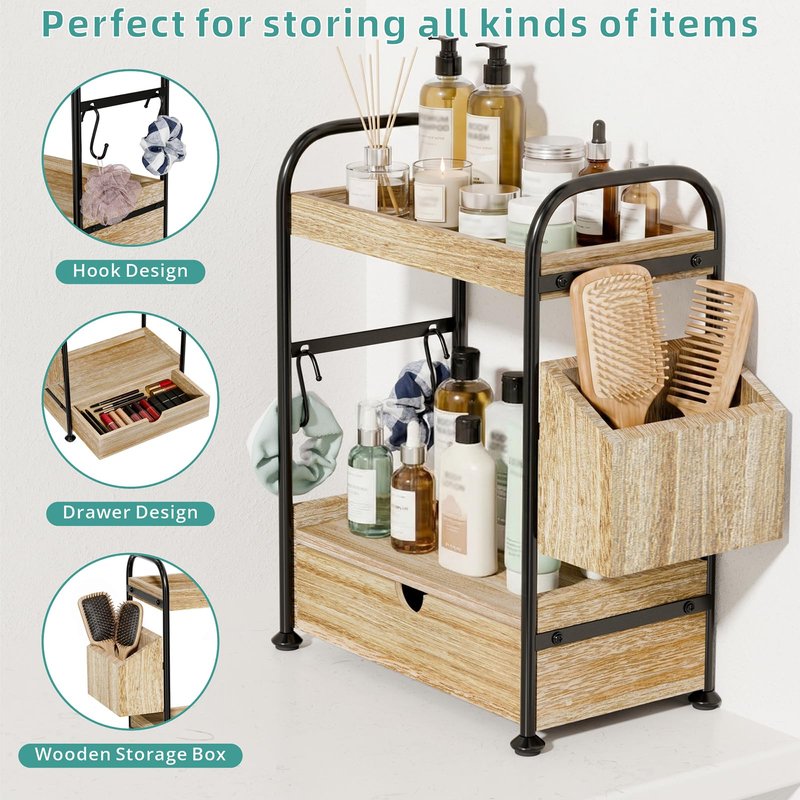 Kottwca 2-Tier Bathroom Counter Organizer with Drawer, Wooden Vanity Skincare Storage Shelf with Thickened Metal Frame, Countertop Shelf with Basket & Hooks for Makeup Organization,Light Brown