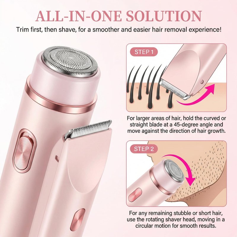 Bikini Trimmer for Women-2 in 1 Dual Head Bikini Shaver & Body Shaver,IPX7 Cordless & Waterproof Electric Shaver Wet & Dry Use,Painless Hair Removal,Ceramic Blade, Ultra Low Silent(Pink)
