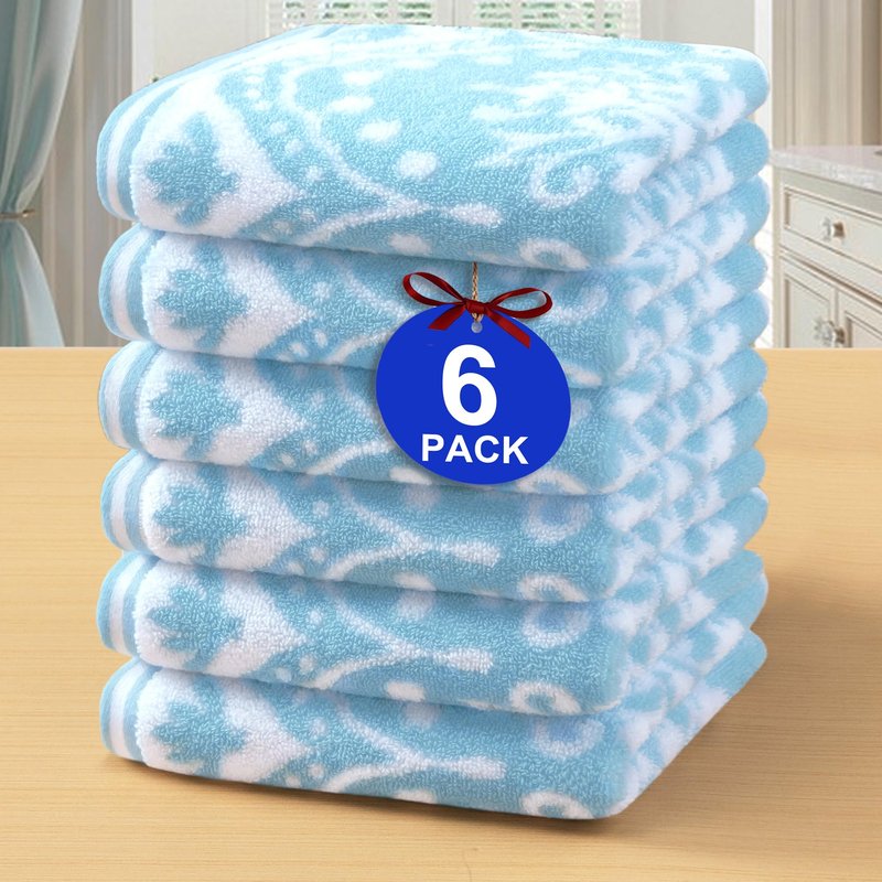 Cotton Wash Cloths for Showering (6PC, 13"x13") - Quick Dry | Thick | Absorbent, Soft Face Towels for Bathroom, Damask Jacquard Washcloth Set, Bathroom Decor & Home Essentials, Aqua and White