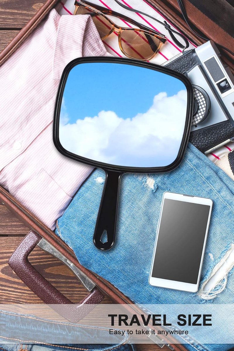 Handheld Barber Mirror - Large Rectangular Hairdressing Mirror with Handle | 10.3"L x 7.4"W, Black