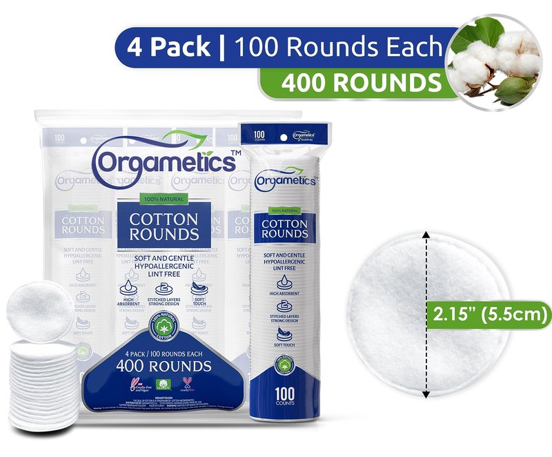 ORGAMETICS Cotton Rounds – 100% Natural Turkish Cotton Makeup Remover Pads, Lint-Free, Hypoallergenic, Ultra Soft, Dual-Texture, 2.25" Diameter (400 Count, 4 Pack)