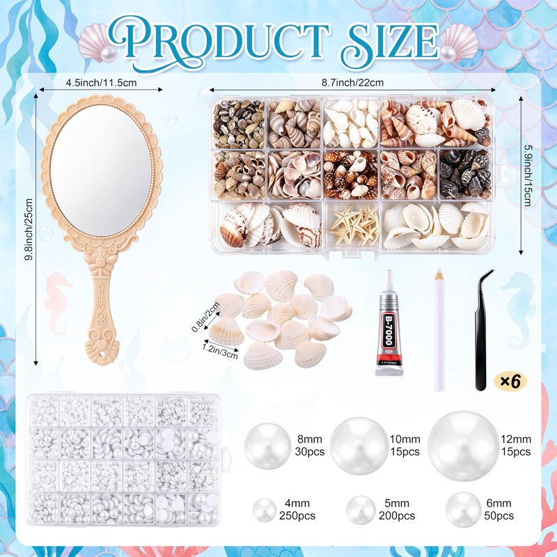 Chumia 6 Set Mermaid Hand Mirror Crafts Kit Creative DIY with Shells Flatback Half-Pearls Starfish and Tools Decorate Your Own Mirror Party Favor for Women Bride Mermaid Birthday Wedding Gift