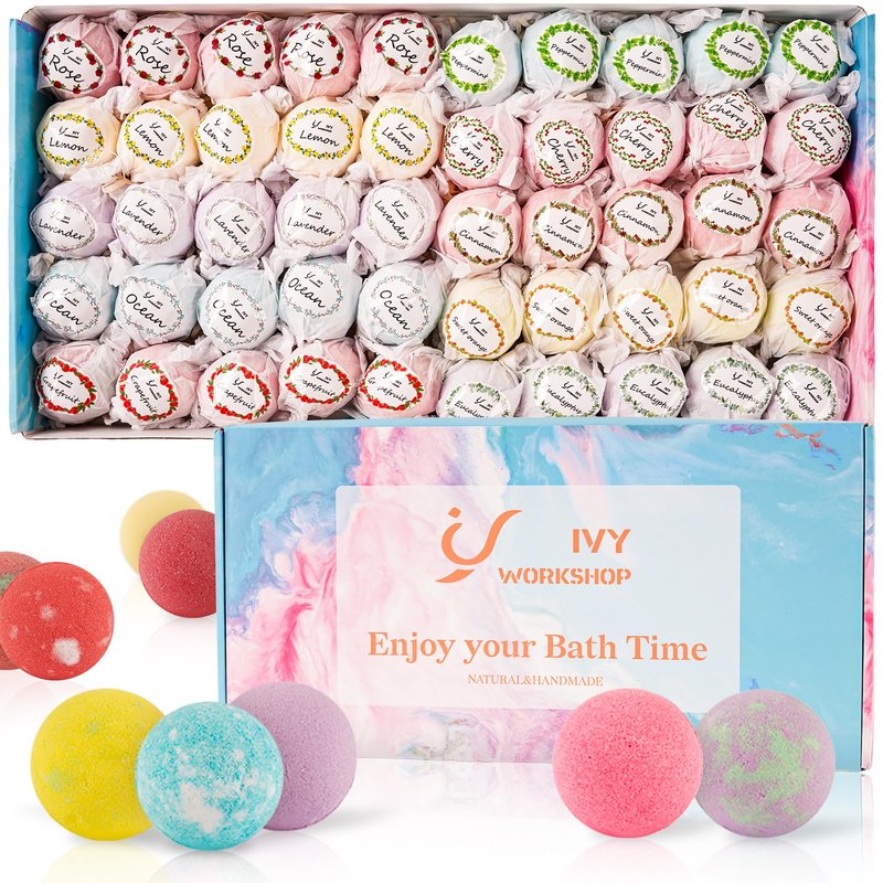 Bath Bombs for Women Gift Set, 50 Pcs Natural Organic Bubble Bathbombs with 10 Rich Scents, Handmade Bubble Bath & Fizzy, for Bubble Bath Spa, Christmas, Birthday, Valentine's, Present Giving