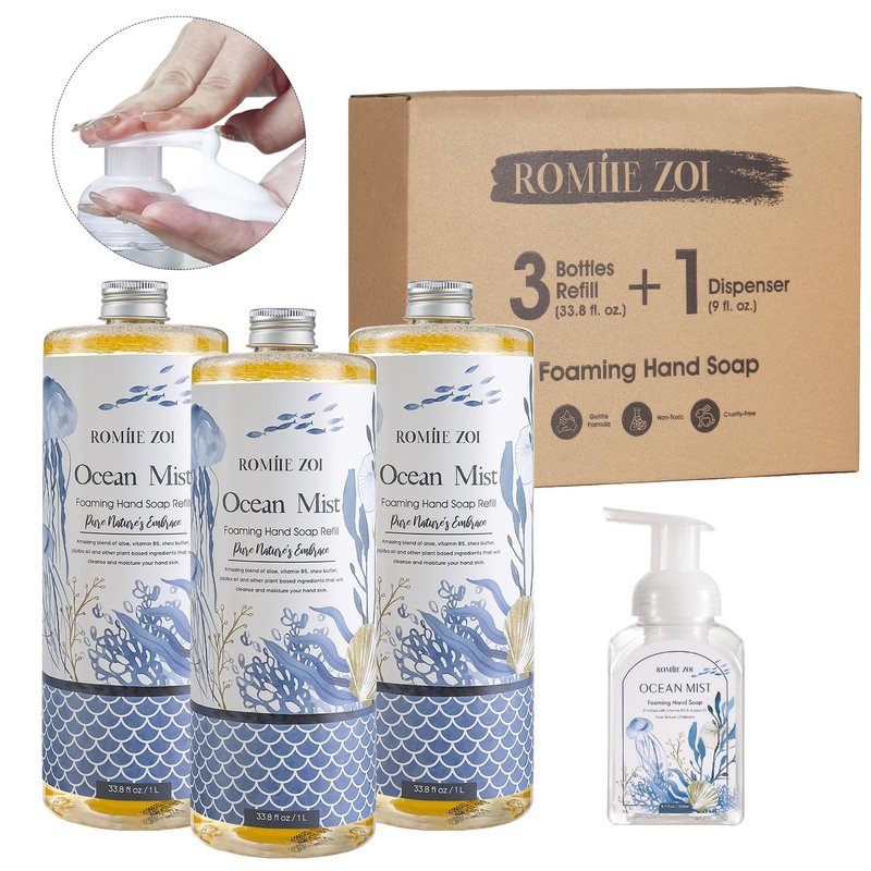 ROMIIE ZOI Hand Soap Refills, Foaming Hand Soap Natural Plant Moisturizing Handsoap Fragrance Ocean Mist - Soft Hand Wash for Kitchen & Bathroom - with Foam Soap Dispenser 1L/33.8oz Pack 0f 3