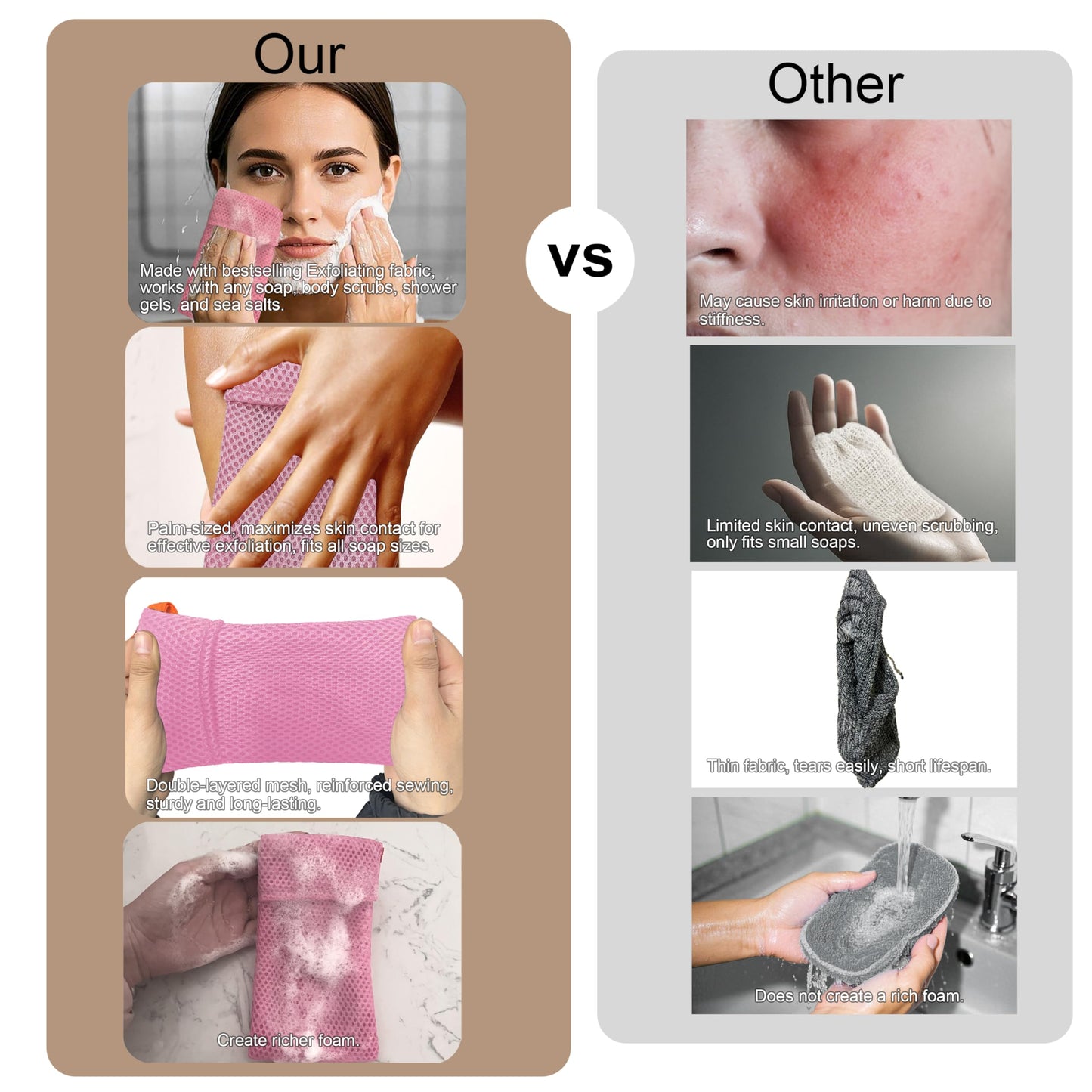 Beiskll 2 Pack Soap Bag Gentle Exfoliating,Bar Soap Pouch Saver Pocket,Body Scrubber Shower Bath Sponge Loofah (Pink)