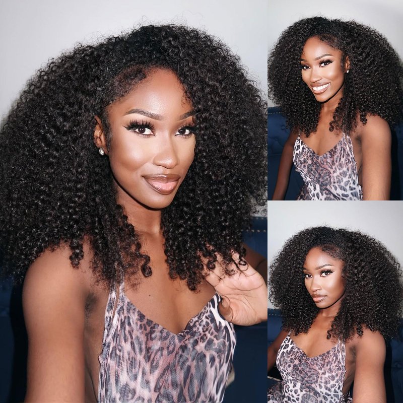 Kinky Curly Half Wig Human Hair 200 Density 3 In 1 Seamless Flip Over Half Wig 20 Inch Drawstring Headband Wig Human Hair Glueless Wear and Go Beginner Friendly Curly Human Hair Wigs for Women