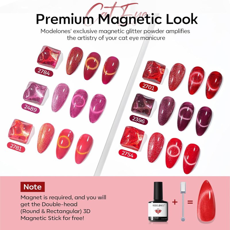 Modelones Cat Eye Gel Nail Polish Set - 6 Colors Including Red Glitter & Burgundy Ruby | Soak Off LED Gel for DIY Nail Art