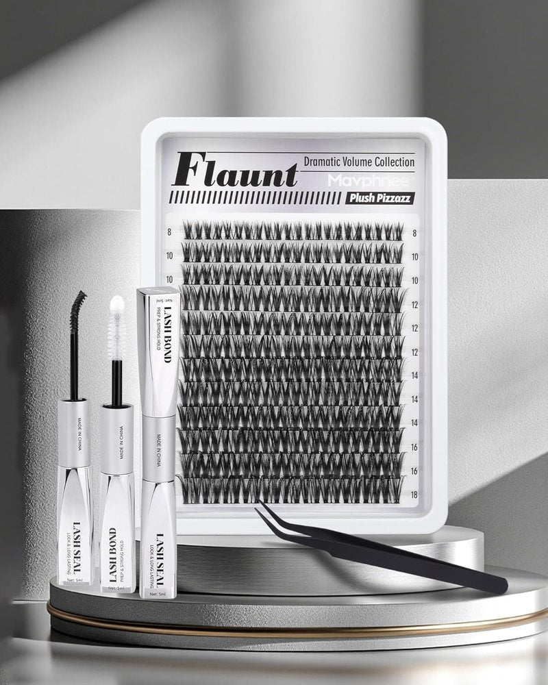 Flaunt Lash Clusters Kit - Wispy Individual Eyelash Extensions | 132 Pcs CD-Curly 8-18MM with Bond, Seal & Tweezers