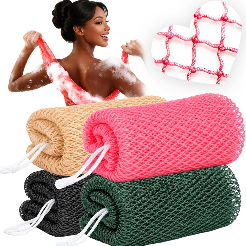 African Net Sponge Authentic, 4 Pcs Exfoliating Net Sponge for Bath, 45 Inch Long Stretch Back Scrubber for Women and Men, Exfoliating Shower Scrubber(Black+Olive Green+Pink+Champagne Gold, 4 Packs)