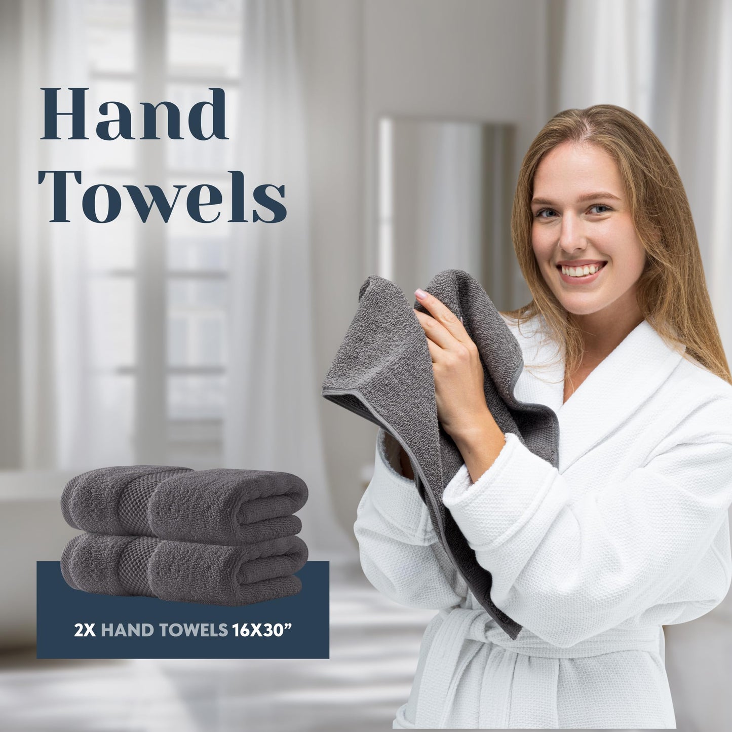 White Classic Luxury Bath Towel Set of 8 Pieces - 100% Turkish Cotton Highly Absorbent Towels for Bathroom, 2 Luxury Bath Towels 700GSM, 2 Hand Towels, 4 Washcloths, Dark Gray