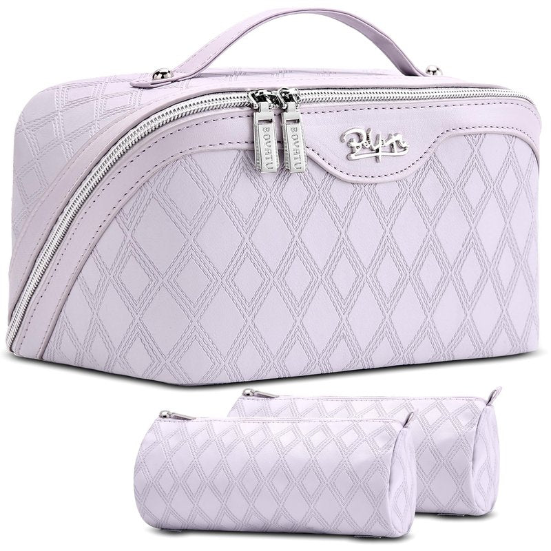BOYATU Travel Makeup Bag for Women: Large Capacity 3-Piece Quilted Cosmetic & Toiletry Organizer - 2 Detachable Pouches Expand Storage by 50%, Open Flat for Easy Packing, Waterproof PU Leather(Purple)