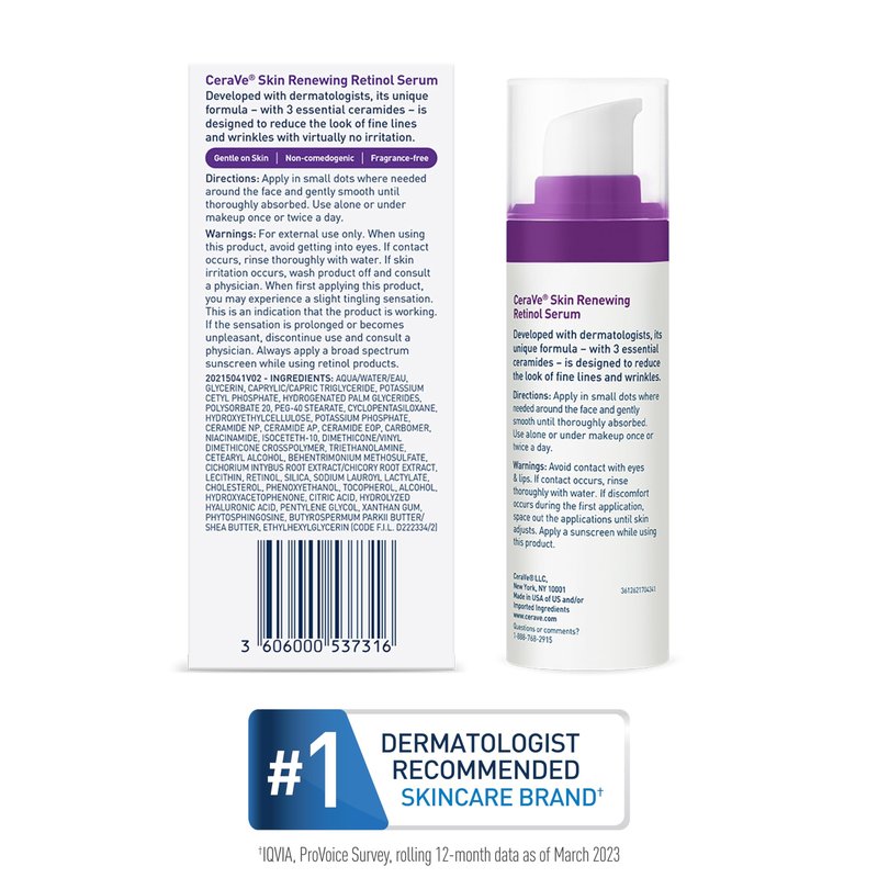 CeraVe Anti Aging Retinol Serum For Face, Encapsulated Retinol With Hyaluronic Acid, Niacinamide & Ceramides, Smooths Wrinkles & Fine Lines, Gentle Skin Brightening Serum, Fragrance Free, 1 Oz